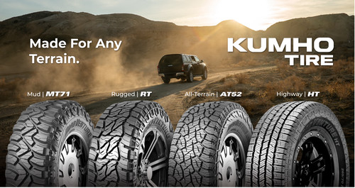  Kumho light truck tire lineup: Mud - MT71, Rugged - RT, All-Terrain - AT52, and Highway - HT